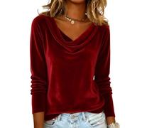 Genérico Velvet Top for Women Elegant Cowl Neck Long Sleeve Dressy Casual Blouse Tunic Shirts Fashionable Vintage Clothing (Burgundy,M)