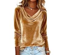 Genérico Velvet Top for Women Elegant Cowl Neck Long Sleeve Dressy Casual Blouse Tunic Shirts Fashionable Vintage Clothing (Gold,L)