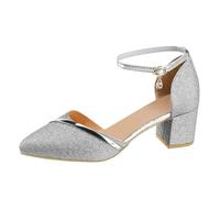 Genérico Verano Botines Azul Novia Tobillo Sandalia Oficina Señoras Puntiagudo Zapatos Tacones Chunky Sandalias Tamaño 7 Vestidas, plata, 35 EU