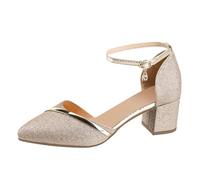 Genérico Verano Botines Azul Novia Tobillo Sandalia Oficina Señoras Puntiagudo Zapatos Tacones Chunky Sandalias Tamaño 7 Vestidas, dorado, 35 EU