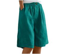 Generico Veranos de Mujer, Algodón y Lino, Pierna Ancha, Hasta la Rodilla, Casual, Suaves y Cómodos, 2025 en el Conjunto de Yoga Ropa, Verde, S