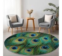 Genérico Verde Alfombra Redonda Lavable a máquina 90 cm, Patrón De Plumas De Pavo RealRedonda Alfombra Antideslizante Resistente a Las Manchas, para salón, Dormitorio, Oficina y decoración del hoga