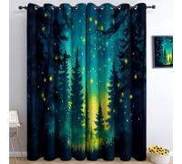 Genérico Verde Cortinas Opacas, Fantasía Noche Bosque Luciérnagas Impresión Poliéster Termicas Aislantes Cortinas, para Habitacion Salón Dormitorio Decoración de La Ventana, 2 Piezas 75An x 166Al cm