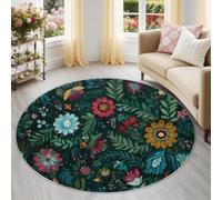 Genérico Verde Oscuro Hoja Floral Alfombra Redonda Suave 180 cm, Etnicidad Arte Vibrante Lavable en Lavadora y Antideslizante, Alfombra Habitación Pelo Corto