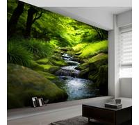 Genérico Verde Papel Pintado Pared Panorámico 300 x 210 cm Paisaje Natural Bosque Piedras Arroyo, decoración de pared Póster Gigante de Pared Personalizado 3D Para Salón Dormitorio