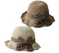 Genérico Versatile Retro Woven Handmade Straw Hat with Ruffled Bow Elegant French Sun Hat Foldable, Breathable, Beach Travel Hats (B)