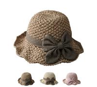 Genérico Versatile Retro Woven Handmade Straw Hat with Ruffled Bow Elegant French Sun Hat Foldable, Breathable, Beach Travel Hats (Brown)