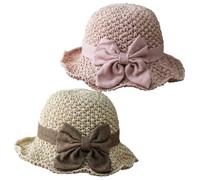 Genérico Versatile Retro Woven Handmade Straw Hat with Ruffled Bow Elegant French Sun Hat Foldable, Breathable, Beach Travel Hats (A)