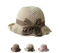 Genérico Versatile Retro Woven Handmade Straw Hat with Ruffled Bow Elegant French Sun Hat Foldable, Breathable, Beach Travel Hats (Beige)
