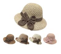 Genérico Versatile Retro Woven Handmade Straw Hat with Ruffled Bow,Women French Bucket Sun Hat Elegant Crochet Straw, Foldable Breathable Wide Brim Packable Sun Hat (Wide eave Style - Beige)
