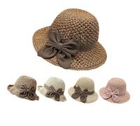 Genérico Versatile Retro Woven Handmade Straw Hat with Ruffled Bow,Women French Bucket Sun Hat Elegant Crochet Straw, Foldable Breathable Wide Brim Packable Sun Hat (Mid eave Style - Light Coffee)