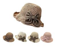 Genérico Versatile Retro Woven Handmade Straw Hat with Ruffled Bow,Women French Bucket Sun Hat Elegant Crochet Straw, Foldable Breathable Wide Brim Packable Sun Hat (Wide eave Style - Light Coffee)