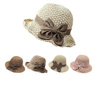 Genérico Versatile Retro Woven Handmade Straw Hat with Ruffled Bow,Women French Bucket Sun Hat Elegant Crochet Straw, Foldable Breathable Wide Brim Packable Sun Hat (Mid eave Style - Beige)