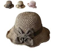 Genérico Versatile Retro Woven Handmade Straw Hat with Ruffled Bow, Womens Wide Brim Beach Sun Cap Foldable Breathable Travel Beach (Khaki)