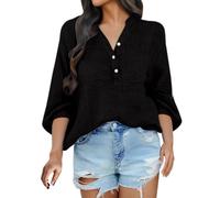 Genérico Vestido Camisa Mujer Verano Blusas Y Blusas Mujer Chic Blusas Plisadas Blusas Botones Tops Color Sólido Ropa Casual Top Cómodo Tops Manga Larga Top Cuello V Blusas, Negro , XXXL