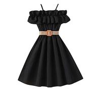 Genérico Vestido Casual Chica Verano Tirantes Volantes Color Sólido Cinturón Incluido para Niño Traje de Playa Vestido de Verano, Le Noir, 11-12 Años