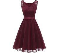 Genérico Vestido Corto de Dama de Honor con Encaje Floral para Mujer, Vestido de Fiesta hasta la Rodilla con Vuelo (Red, S)