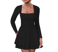 Genérico vestido corto de fiesta para mujer elegante con cuello cuadrado, dobladillo con volantes y cintura acanalada, manga larga, estilo corsé mini vestido de noche, Le Noir, M