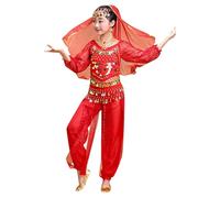Genérico Vestido Danza India del Vientre Chica Halloween Espectáculo de Manga Larga Pantalones Brillante Baile Nacional Traje (Red, 7-8 Years)