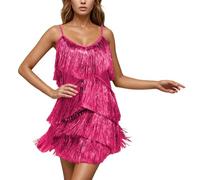 Genérico Vestido de baile de noche elegante lentejuelas flecos tirantes espaguetis para el rendimiento del salón de baile latino, rojo, S