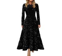 Genérico Vestido De Cocktail Mujer,Cuello Redondo Mangas Largas Color SóLido Lentejuelas Cintura Alta Vestidos Medianos Y Largos Europeos Y Vestidos