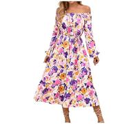 Genérico Vestido de cuello elástico para mujer de manga larga estampado que cultiva la moral y el temperamento de longitud Midi Vestido Chic, morado, M