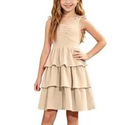 Genérico Vestido de fiesta elegante para niñas, espalda desnuda, tirantes finos, color liso, ideal para verano y niños grandes. sin mangas y drapeado., beige, 11-12 Años