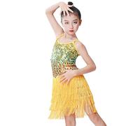 Genérico Vestido de Lentejuelas 2026 para Chicas Danza Latina Espectáculo Flecos Espalda Des, amarillo, 10-11 Años