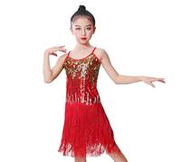 Genérico Vestido de Lentejuelas 2026 para Chicas Danza Latina Espectáculo Flecos Espalda Des, Rd1, 6-7 Años