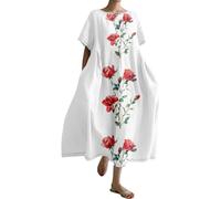 Generico Vestido de lino para mujer, holgado, elegante, informal, de lino, boho, largo, cómodo, tallas grandes, primavera, vacaciones, vestido bohemio, elástico, vintage, color liso, vestido de playa