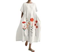 Generico Vestido de lino para mujer, holgado, elegante, informal, de lino, boho, largo, cómodo, tallas grandes, primavera, vacaciones, vestido bohemio, elástico, vintage, color liso, vestido de playa