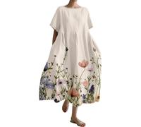 Generico Vestido de lino para mujer, holgado, elegante, informal, de lino, boho, largo, cómodo, tallas grandes, primavera, vacaciones, vestido bohemio, elástico, vintage, color liso, vestido de playa
