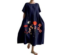 Generico Vestido de lino para mujer, holgado, elegante, informal, de lino, boho, largo, cómodo, tallas grandes, primavera, vacaciones, vestido bohemio, elástico, vintage, color liso, vestido de playa