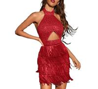 Genérico Vestido de los años 20 para mujer Gatsby de los años 20, vestido de mujer rojo plateado con flecos corto de charlestón, de lentejuelas, carnaval con flecos A