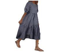 Genérico Vestido de manga larga casual suelto a cuadros con volantes de talla mediana, vestido de fiesta de pantorrilla Terracota Cóctel, azul marino, XL
