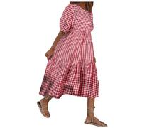 Genérico Vestido de manga larga casual suelto a cuadros con volantes de talla mediana, vestido de fiesta de pantorrilla Terracota Cóctel, rojo, XL