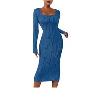 Genérico Vestido de mujer de jacquard de punto casual de manga larga otoño invierno de lana suave Stretch Bodycon Mi Long, azul, M
