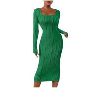 Genérico Vestido de mujer de jacquard de punto casual de manga larga otoño invierno de lana suave Stretch Bodycon Mi Long, verde, XXL