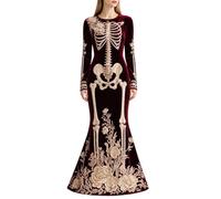 Generico Vestido de mujer para Halloween, disfraz largo boho con estampado de esqueleto, cuello en V, vestido largo, ligero y transpirable, vestido casual, camisa fluida, vestidos de mujer