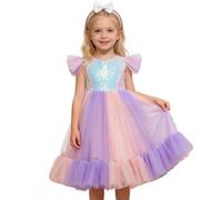 Genérico Vestido de noche elegante para niña con cinturón brillante y diadema coordinada mangas abullonadas y falda tutú perfecto para ocasiones especiales, rosa, 6-7 Años