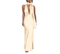 Generico Vestido de noche sexy para mujer, vestido maxi elegante con espalda desnuda, oro rosa, S