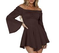 Generico Vestido de pirata para mujer, vestido corto boho vestido victoriano sin tirantes de Carnvale Blusa de mujer estilo campesino renacentista con hombros descubiertos línea A Vintage, café