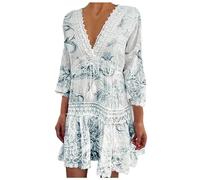 Generico Vestido de playa sexy floral con cuello en V de jacquard con mangas de siete cuartos, estilo bohemio para mujer, Negro , L
