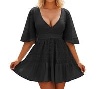 Genérico Vestido de verano Fluido y elegante con mangas de murciélago con inserciones de encaje y cuello en V para un ajuste cómodo de la rodilla, Le Noir, L