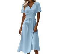 Generico Vestido de verano para mujer, vestido largo de verano para mujer, vestido midi de línea de talle alto, fruncido, vestidos de cuello en V con abertura, color liso, informal, estilo bohemio