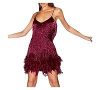 Genérico Vestido Flecos Vestido Elegante de Mujer con Flecos y Lentejuelas, Hombros Descubiertos, Minivestido Ajustado for Fiestas navideñas.(Wine Red,S)