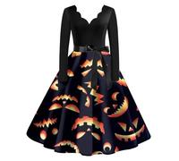 Generico Vestido Halloween Mujer Disfraz Miércoles y Calabaza Vestido Elegante y Cómodo de Manga Larga Vestido de Baile y Cóctel Estilo Medieval con Cuello en V Túnica con Cinturón