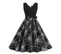 Genérico Vestido Halloween Mujer- Vestido Audrey Hepburn- Cuello Bajo Estilo Hepburn Ensangrentado Retro Patrón Empalme Pullover Falda Vampiro Fantasma Errante Oscuro Fiesta Hada Plisada Vestidos