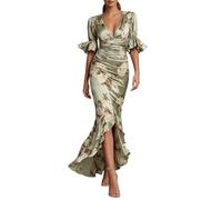 Genérico vestido largo bohemia para mujer, con cuello en V, profundas mangas campanas, cintura fruncida, dobladillo con volantes de satén, vestido camisa, mujer elegante y elegante para ceremonias