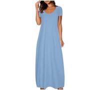 Generico Vestido largo de mujer elegante - Vestido largo de verano de manga corta Vestidos de cuello redondo amplio con bolsillos de color liso Dress talla grande vestido casual de playa Vacances